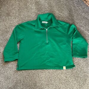 Thinking Mu boxy oversized 1/2 zip with collar. Cropped. Preppy. Sweatshirt. Zip